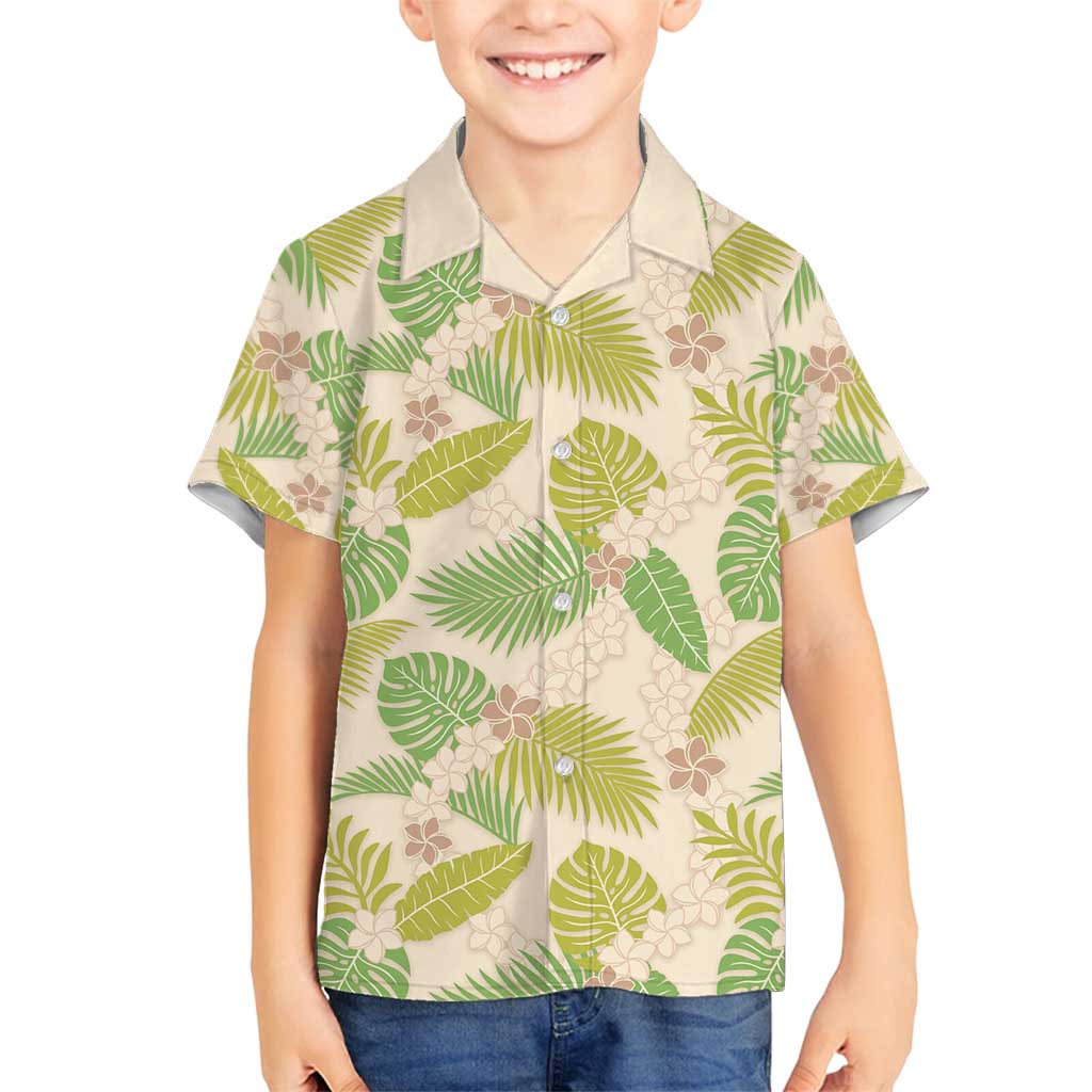 Beige Hawaii Plumeria Lei With Tropical Leaves Family Matching Off Shoulder Short Dress and Hawaiian Shirt LT14 Son's Shirt Beige - Polynesian Pride