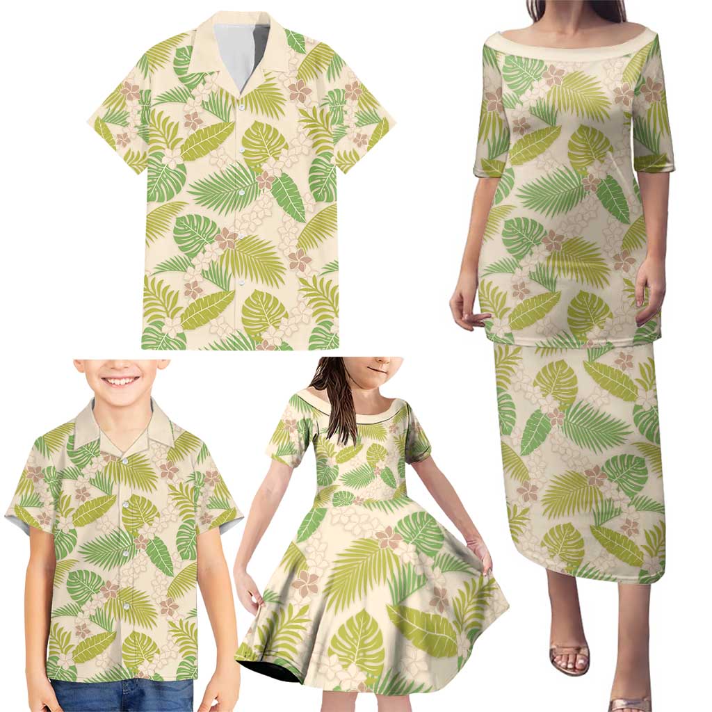 Beige Hawaii Plumeria Lei With Tropical Leaves Family Matching Puletasi and Hawaiian Shirt LT14 - Polynesian Pride