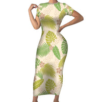 Beige Hawaii Plumeria Lei With Tropical Leaves Family Matching Short Sleeve Bodycon Dress and Hawaiian Shirt LT14 Mom's Dress Beige - Polynesian Pride