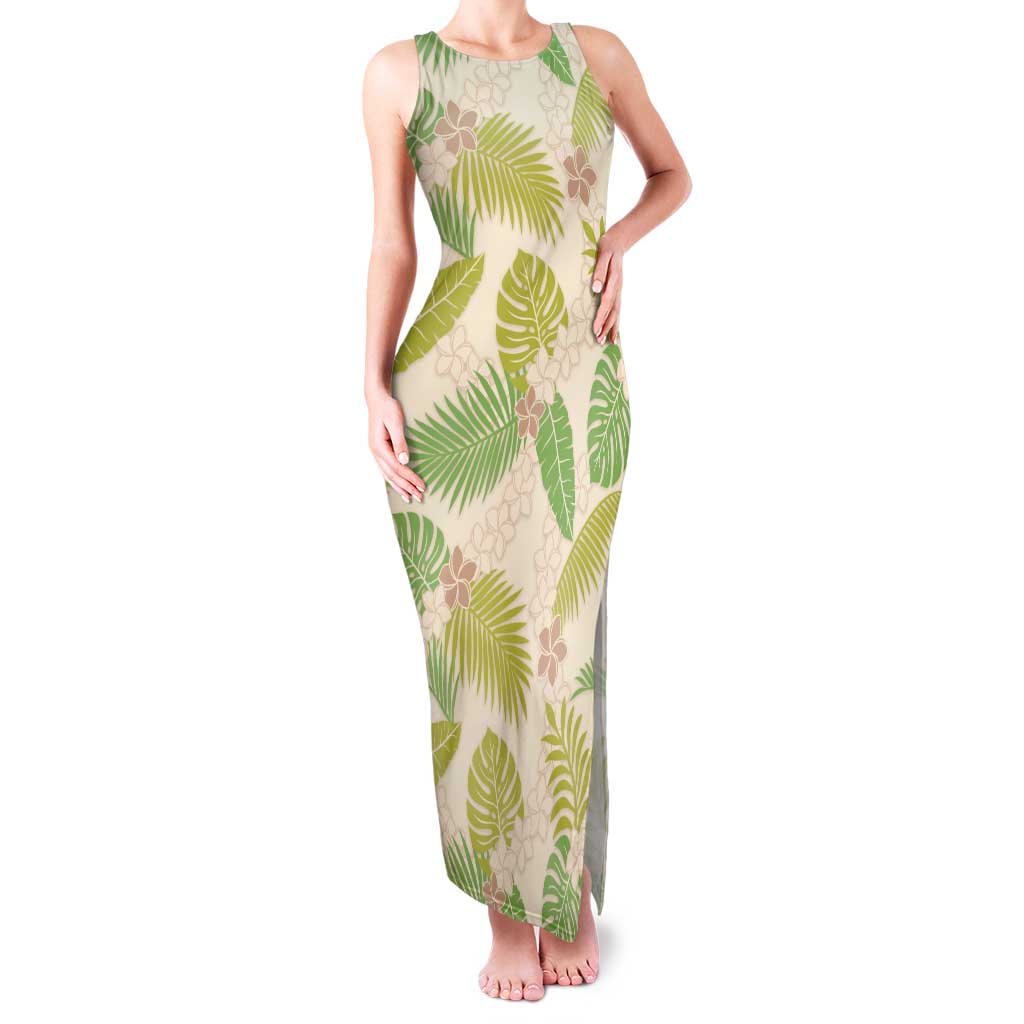 Beige Hawaii Plumeria Lei With Tropical Leaves Family Matching Tank Maxi Dress and Hawaiian Shirt LT14 Mom's Dress Beige - Polynesian Pride