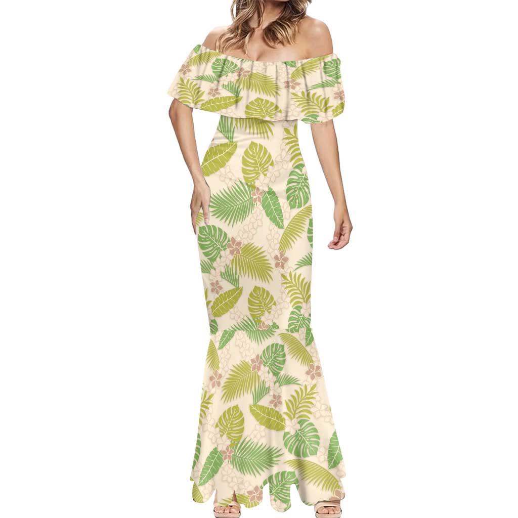 Beige Hawaii Plumeria Lei With Tropical Leaves Mermaid Dress