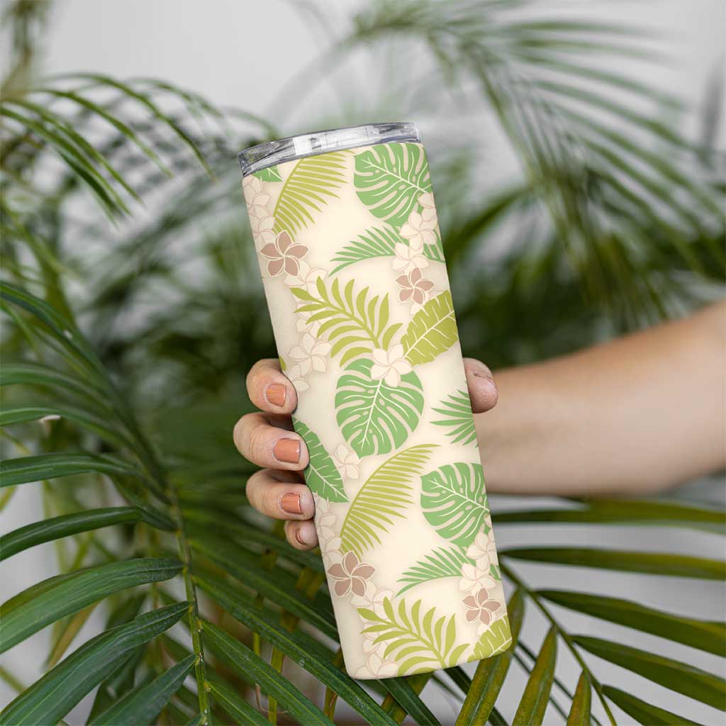 Beige Hawaii Plumeria Lei With Tropical Leaves Skinny Tumbler LT14 - Polynesian Pride