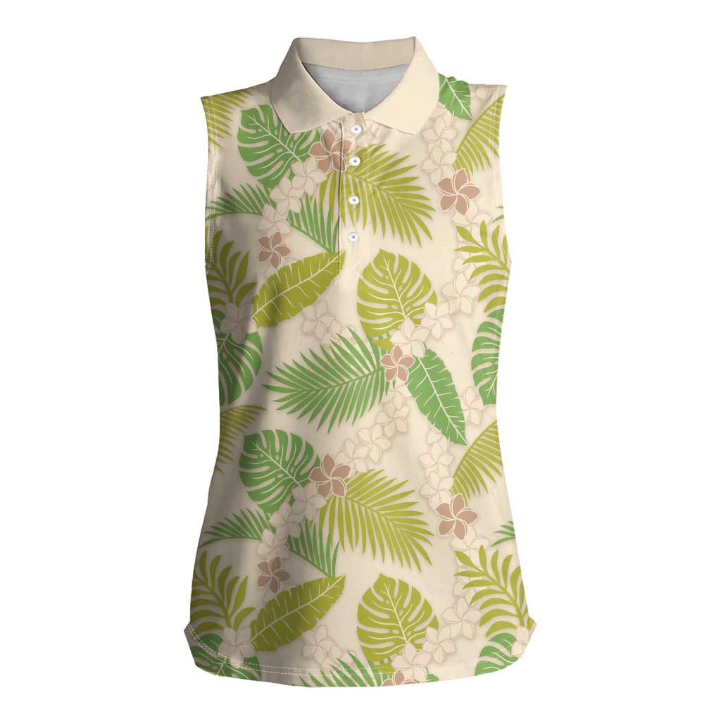 Beige Hawaii Plumeria Lei With Tropical Leaves Women Sleeveless Polo Shirt LT14 Female Beige - Polynesian Pride