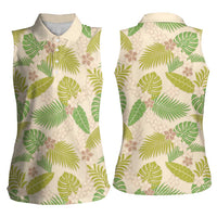 Beige Hawaii Plumeria Lei With Tropical Leaves Women Sleeveless Polo Shirt LT14 - Polynesian Pride