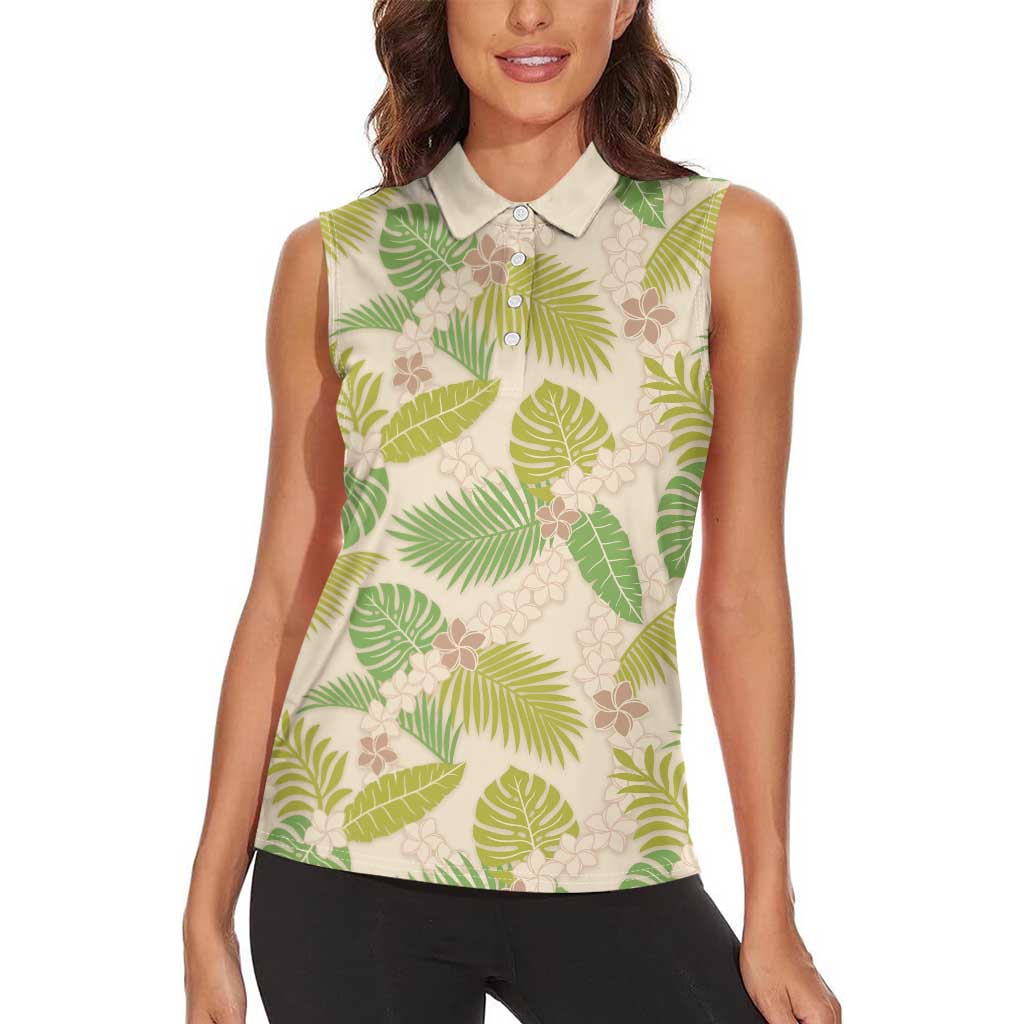 Beige Hawaii Plumeria Lei With Tropical Leaves Women Sleeveless Polo Shirt LT14 - Polynesian Pride