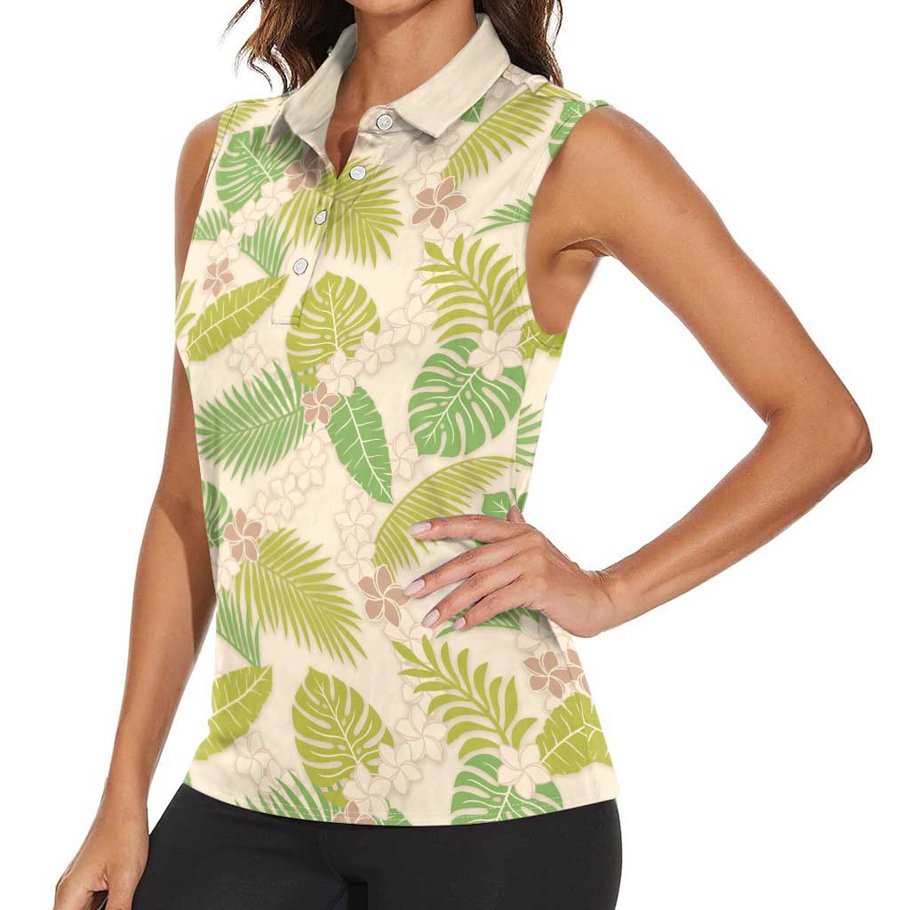 Beige Hawaii Plumeria Lei With Tropical Leaves Women Sleeveless Polo Shirt LT14 - Polynesian Pride