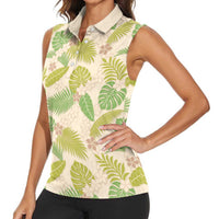 Beige Hawaii Plumeria Lei With Tropical Leaves Women Sleeveless Polo Shirt LT14 - Polynesian Pride