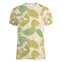 Beige Hawaii Plumeria Lei With Tropical Leaves Women V-Neck T-Shirt LT14 Female Beige - Polynesian Pride