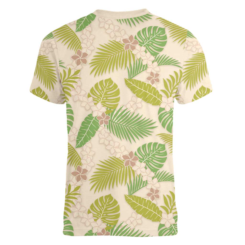 Beige Hawaii Plumeria Lei With Tropical Leaves Women V-Neck T-Shirt LT14 - Polynesian Pride
