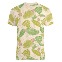 Beige Hawaii Plumeria Lei With Tropical Leaves Women V-Neck T-Shirt LT14 - Polynesian Pride