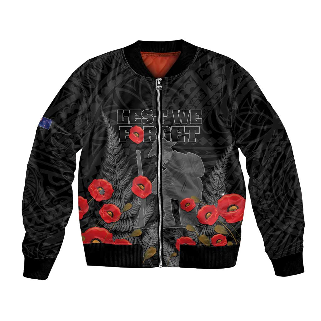 Personalised New Zealand ANZAC Day Bomber Jacket Lest We Forget Soldier Memorial LT15 Unisex Black - Polynesian Pride