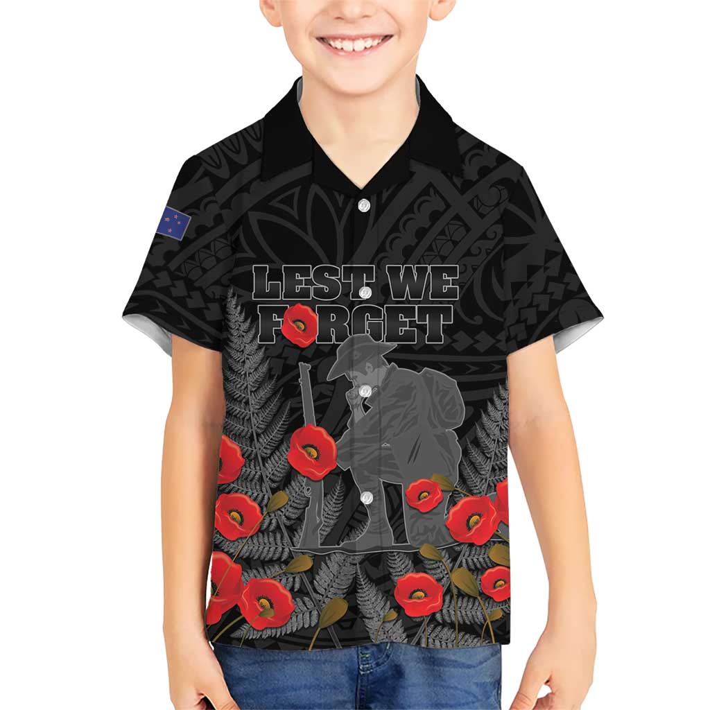 Personalised New Zealand ANZAC Day Kid Hawaiian Shirt Lest We Forget Soldier Memorial LT15 Kid Black - Polynesian Pride