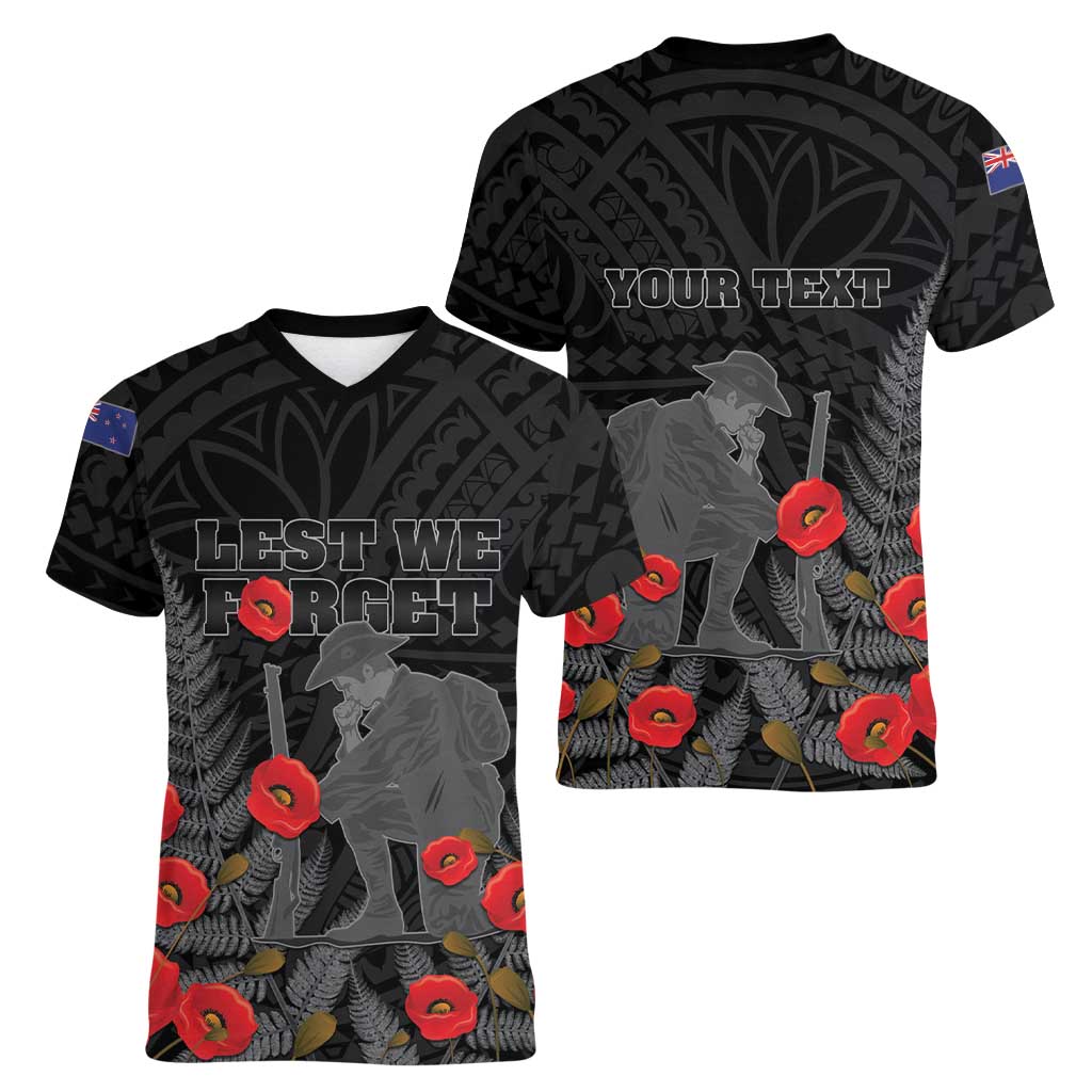 Personalised New Zealand ANZAC Day Women V-Neck T-Shirt Lest We Forget Soldier Memorial LT15 - Polynesian Pride