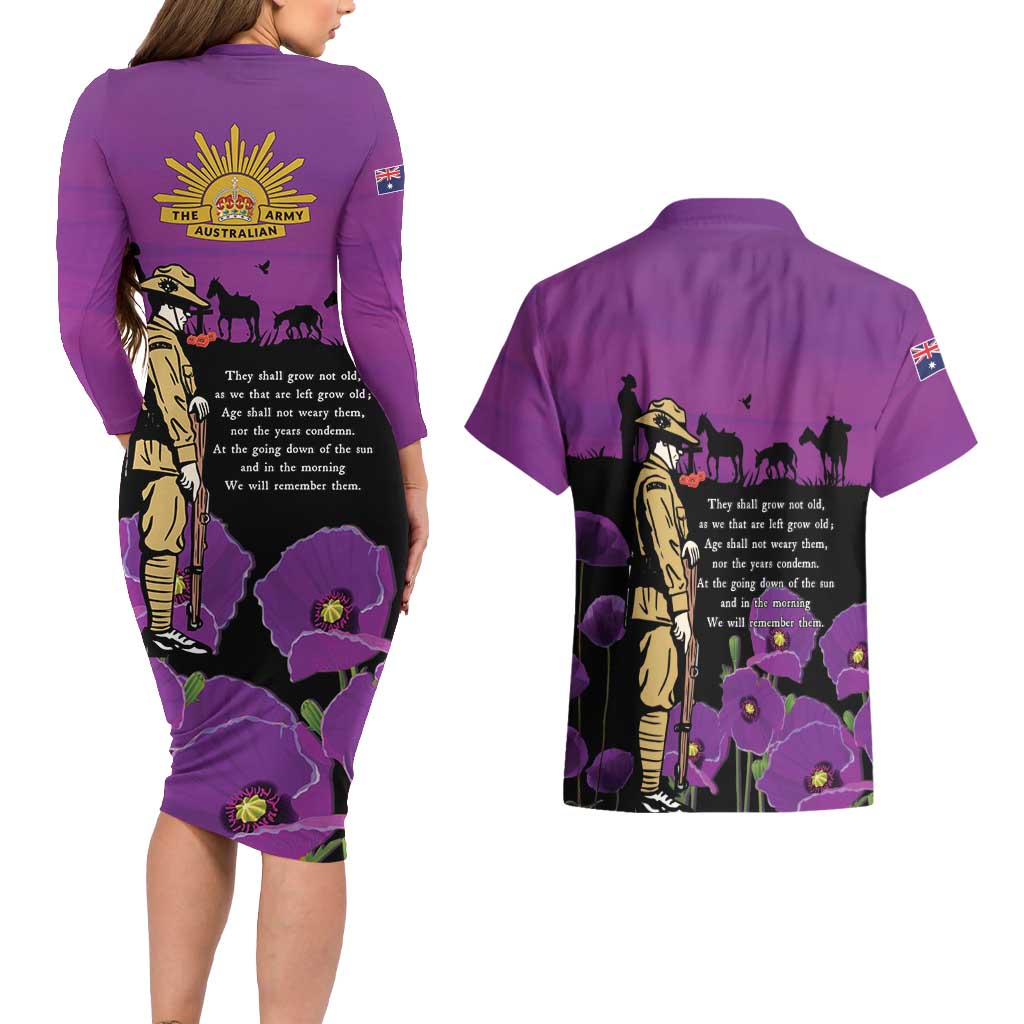 ANZAC Soldier and War Animals Couples Matching Long Sleeve Bodycon Dress and Hawaiian Shirt We Will Remember Them LT15 - Polynesian Pride
