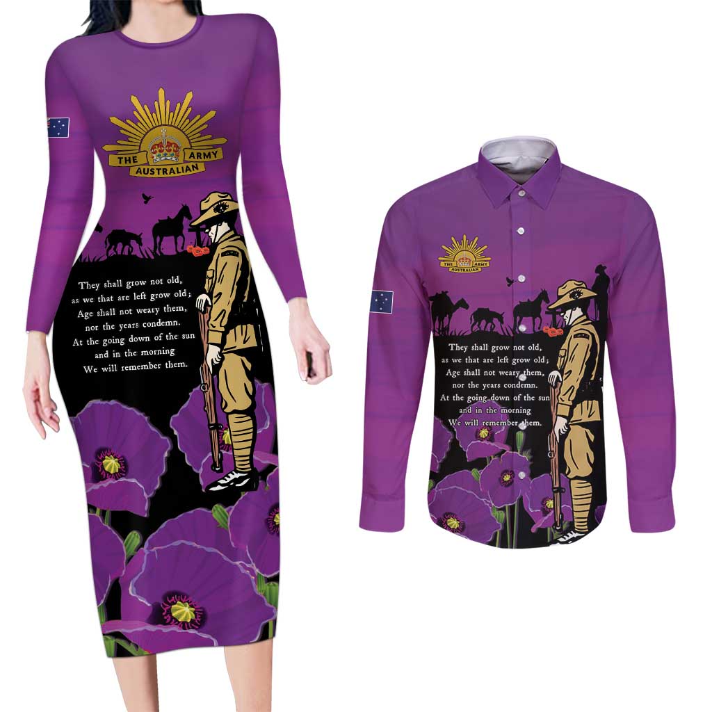 ANZAC Soldier and War Animals Couples Matching Long Sleeve Bodycon Dress and Long Sleeve Button Shirt We Will Remember Them