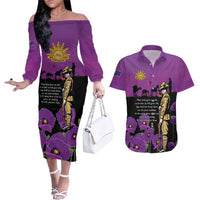 ANZAC Soldier and War Animals Couples Matching Off The Shoulder Long Sleeve Dress and Hawaiian Shirt We Will Remember Them LT15 Purple - Polynesian Pride