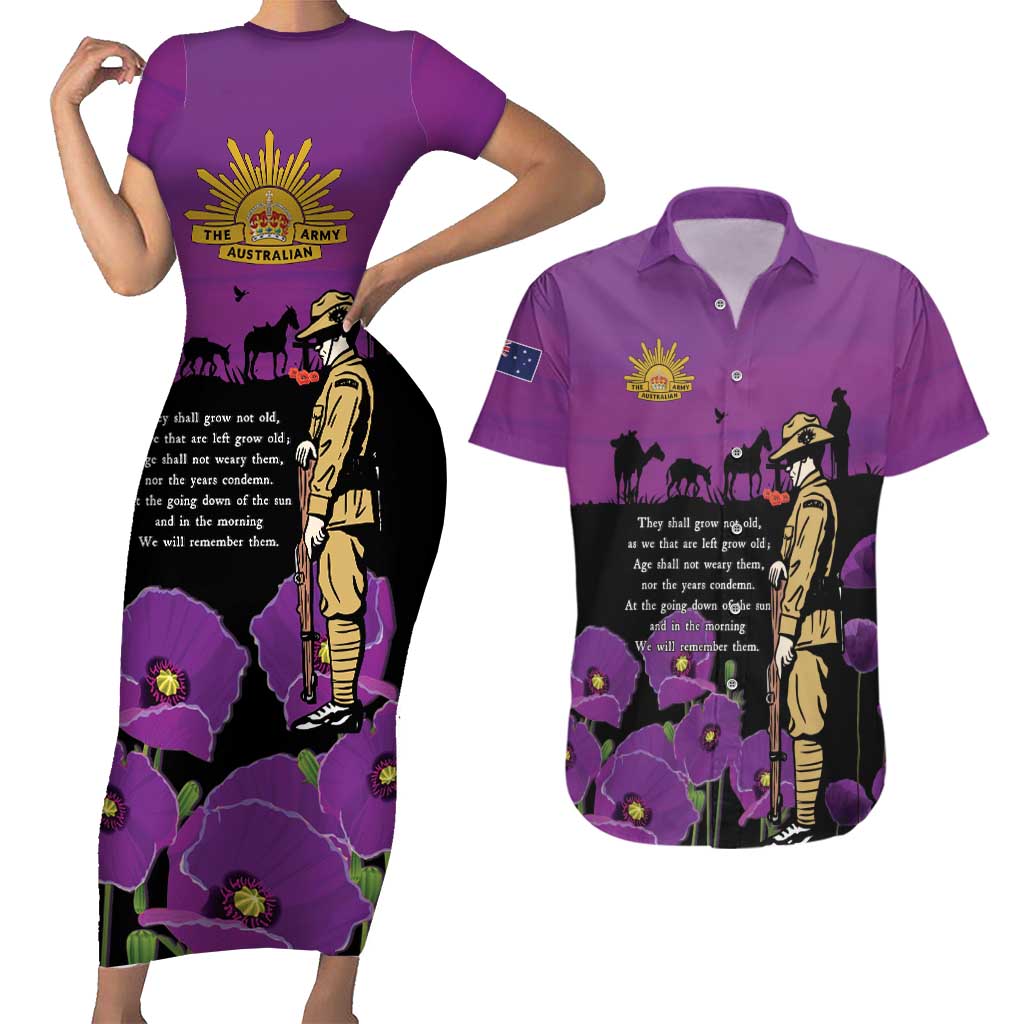 ANZAC Soldier and War Animals Couples Matching Short Sleeve Bodycon Dress and Hawaiian Shirt We Will Remember Them LT15 Purple - Polynesian Pride
