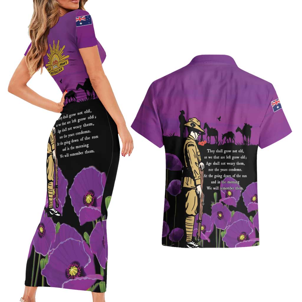 ANZAC Soldier and War Animals Couples Matching Short Sleeve Bodycon Dress and Hawaiian Shirt We Will Remember Them LT15 - Polynesian Pride