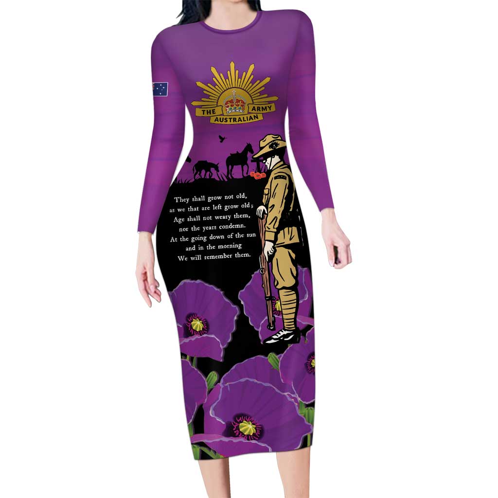 ANZAC Soldier and War Animals Long Sleeve Bodycon Dress We Will Remember Them