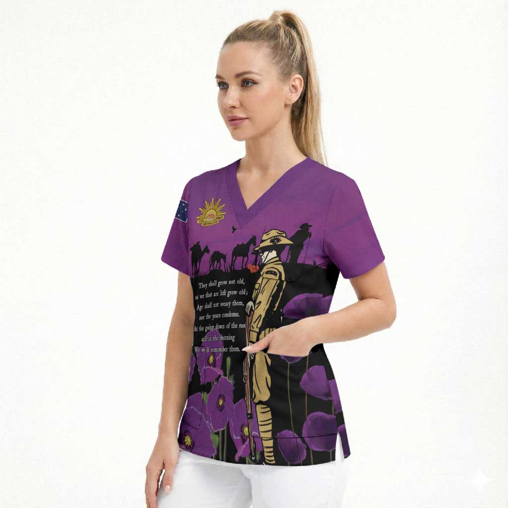 ANZAC Soldier and War Animals Scrub Top We Will Remember Them