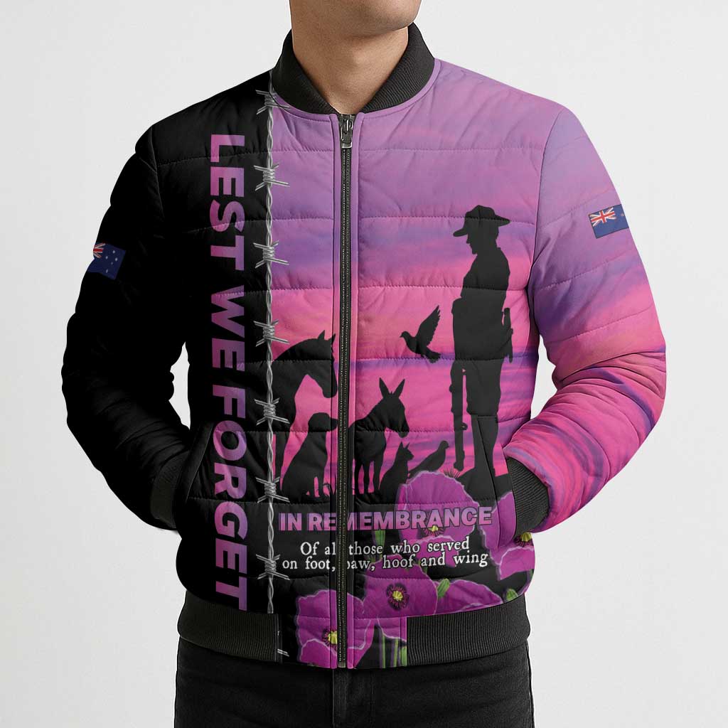 Personalised ANZAC War Animals Bomber Puffer Jacket Lest We Forget Memorial