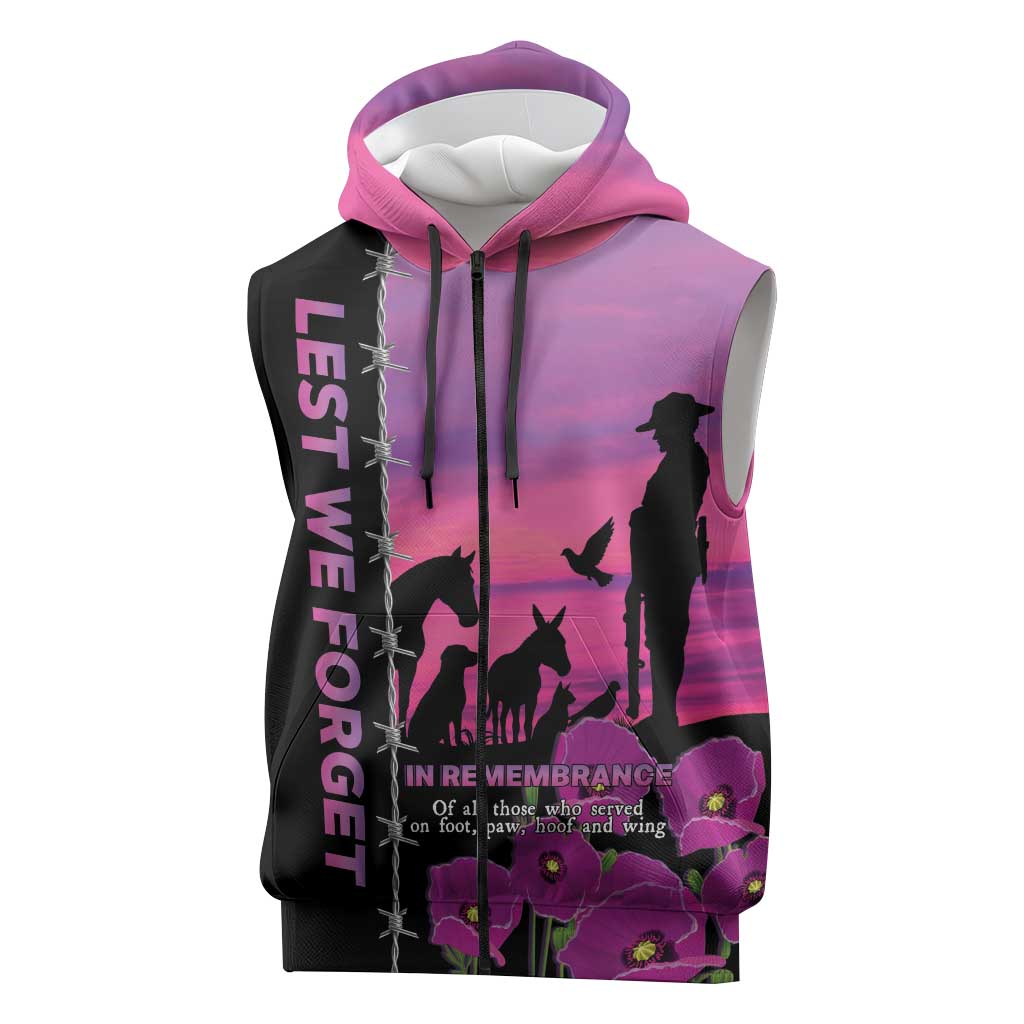 Personalised ANZAC War Animals Sleeveless Zip Hoodie Lest We Forget Memorial LT15 Purple - Polynesian Pride