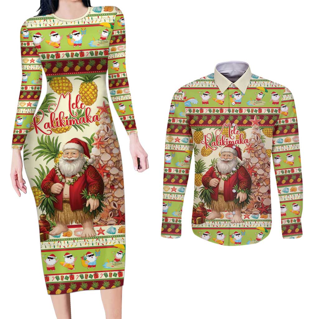 Hawaiian Santa Aloha Pineapple Christmas Couples Matching Long Sleeve Bodycon Dress and Long Sleeve Button Shirt Mele Kalikimaka LT15 Cream - Polynesian Pride