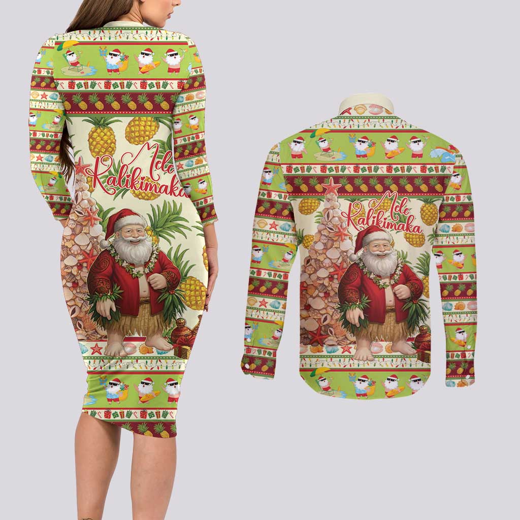 Hawaiian Santa Aloha Pineapple Christmas Couples Matching Long Sleeve Bodycon Dress and Long Sleeve Button Shirt Mele Kalikimaka LT15 - Polynesian Pride
