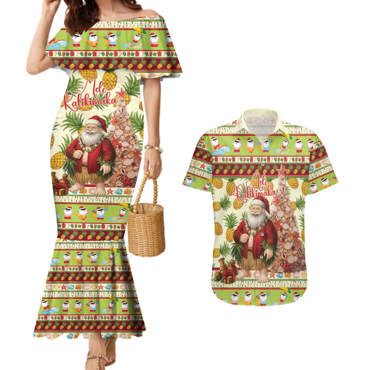 Hawaiian Santa Aloha Pineapple Christmas Couples Matching Mermaid Dress and Hawaiian Shirt Mele Kalikimaka LT15 Cream - Polynesian Pride