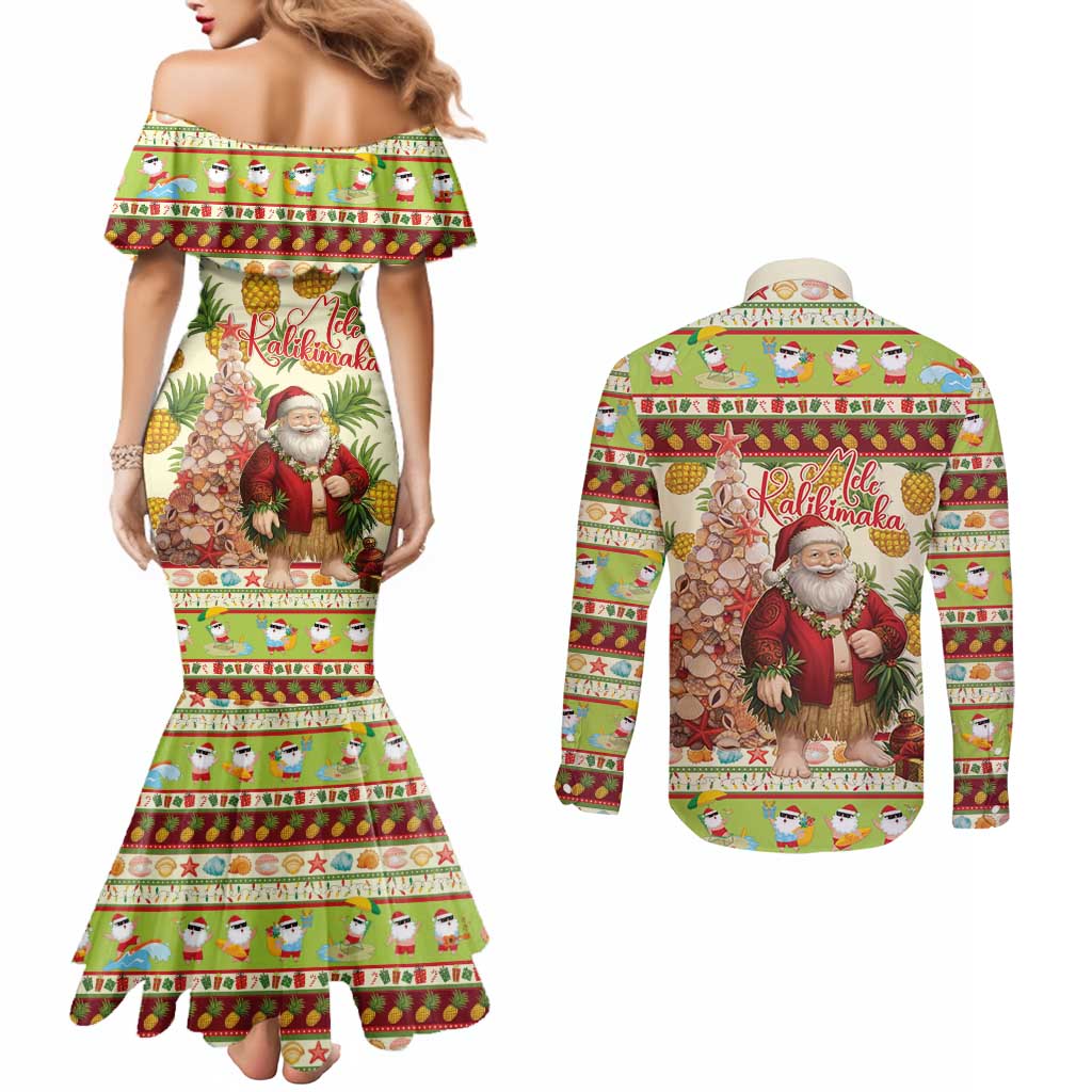 Hawaiian Santa Aloha Pineapple Christmas Couples Matching Mermaid Dress and Long Sleeve Button Shirt Mele Kalikimaka LT15 - Polynesian Pride