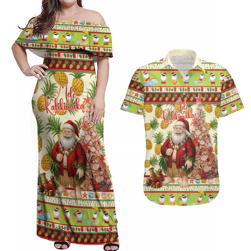 Hawaiian Santa Aloha Pineapple Christmas Couples Matching Off Shoulder Maxi Dress and Hawaiian Shirt Mele Kalikimaka LT15 Cream - Polynesian Pride