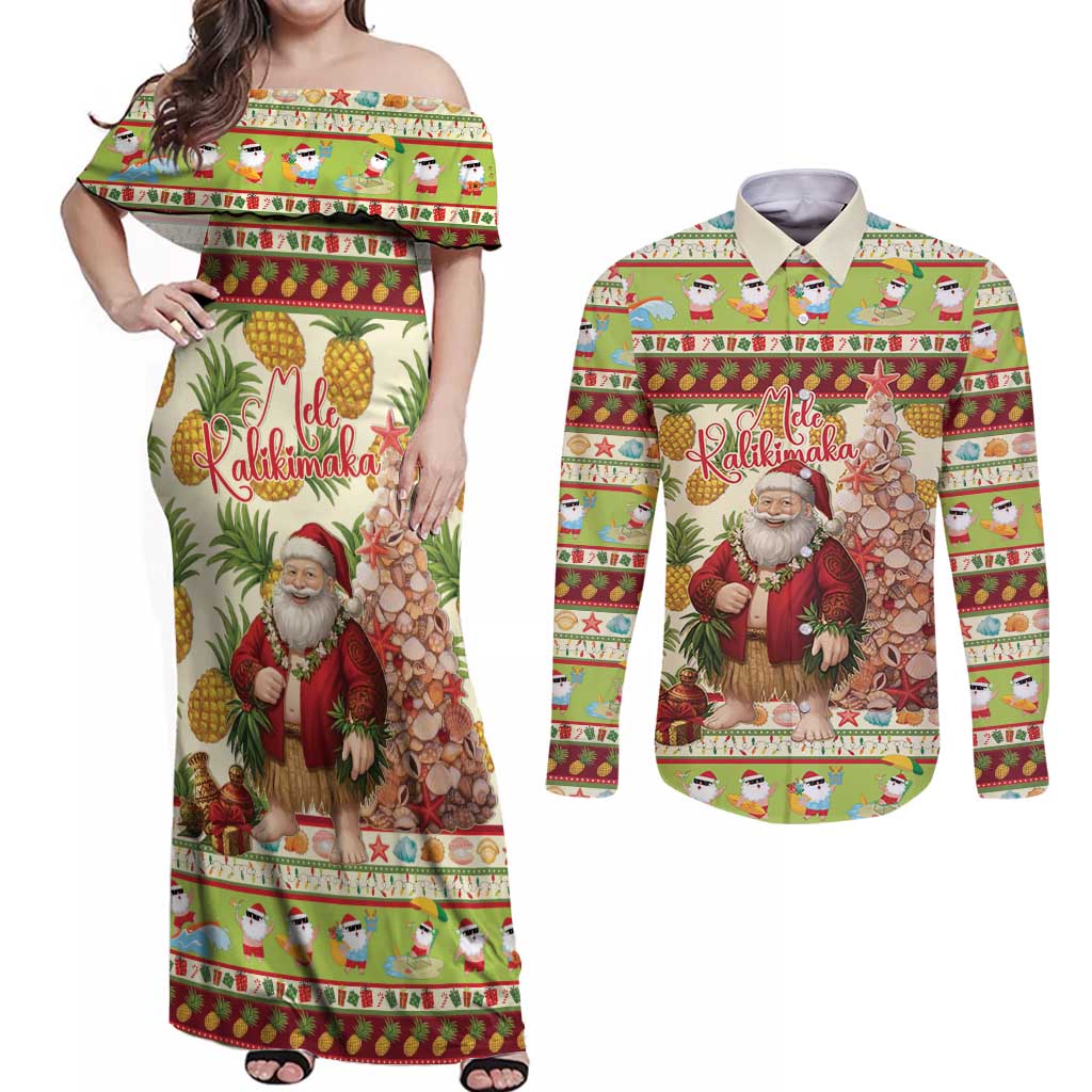 Hawaiian Santa Aloha Pineapple Christmas Couples Matching Off Shoulder Maxi Dress and Long Sleeve Button Shirt Mele Kalikimaka LT15 Cream - Polynesian Pride