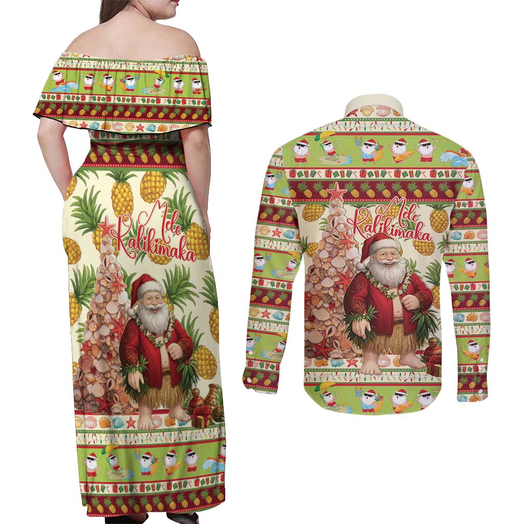 Hawaiian Santa Aloha Pineapple Christmas Couples Matching Off Shoulder Maxi Dress and Long Sleeve Button Shirt Mele Kalikimaka LT15 - Polynesian Pride