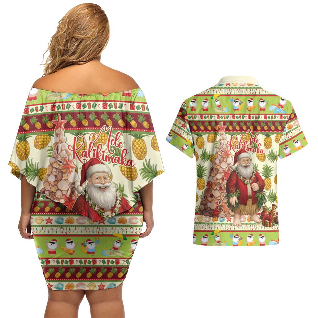 Hawaiian Santa Aloha Pineapple Christmas Couples Matching Off Shoulder Short Dress and Hawaiian Shirt Mele Kalikimaka LT15 - Polynesian Pride