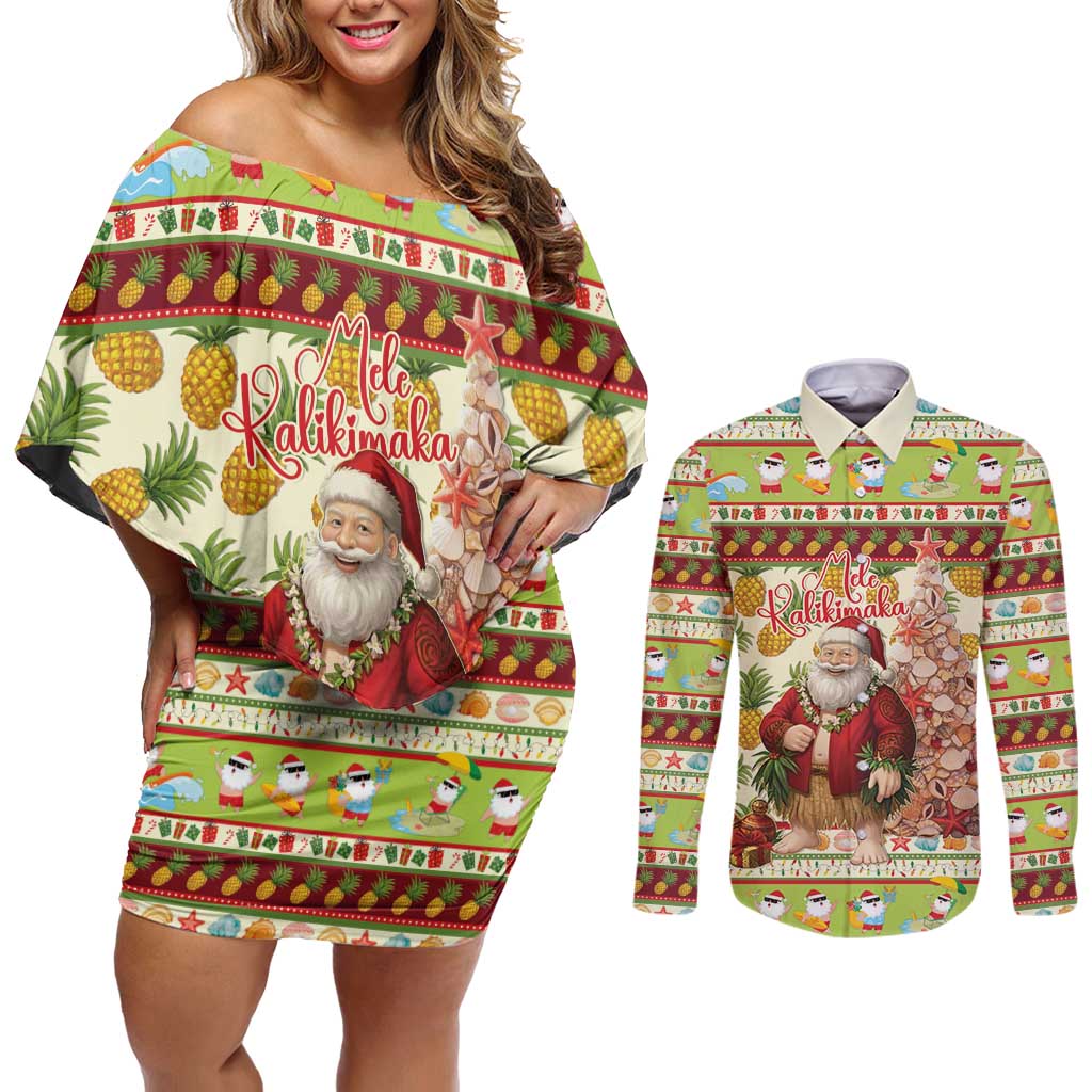 Hawaiian Santa Aloha Pineapple Christmas Couples Matching Off Shoulder Short Dress and Long Sleeve Button Shirt Mele Kalikimaka LT15 Cream - Polynesian Pride