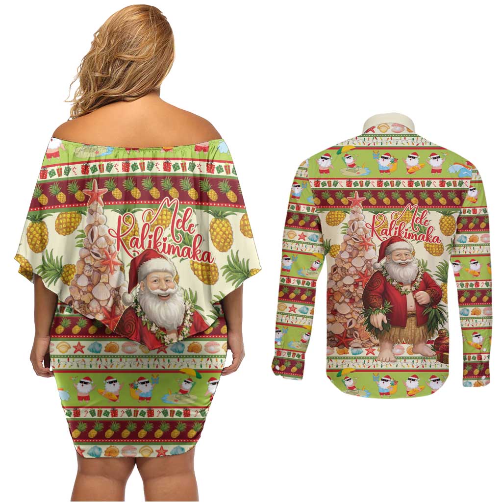 Hawaiian Santa Aloha Pineapple Christmas Couples Matching Off Shoulder Short Dress and Long Sleeve Button Shirt Mele Kalikimaka LT15 - Polynesian Pride