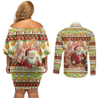 Hawaiian Santa Aloha Pineapple Christmas Couples Matching Off Shoulder Short Dress and Long Sleeve Button Shirt Mele Kalikimaka LT15 - Polynesian Pride