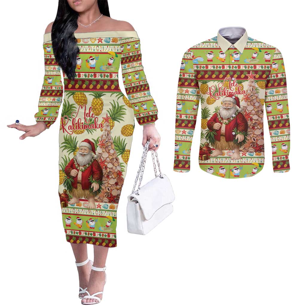 Hawaiian Santa Aloha Pineapple Christmas Couples Matching Off The Shoulder Long Sleeve Dress and Long Sleeve Button Shirt Mele Kalikimaka LT15 Cream - Polynesian Pride