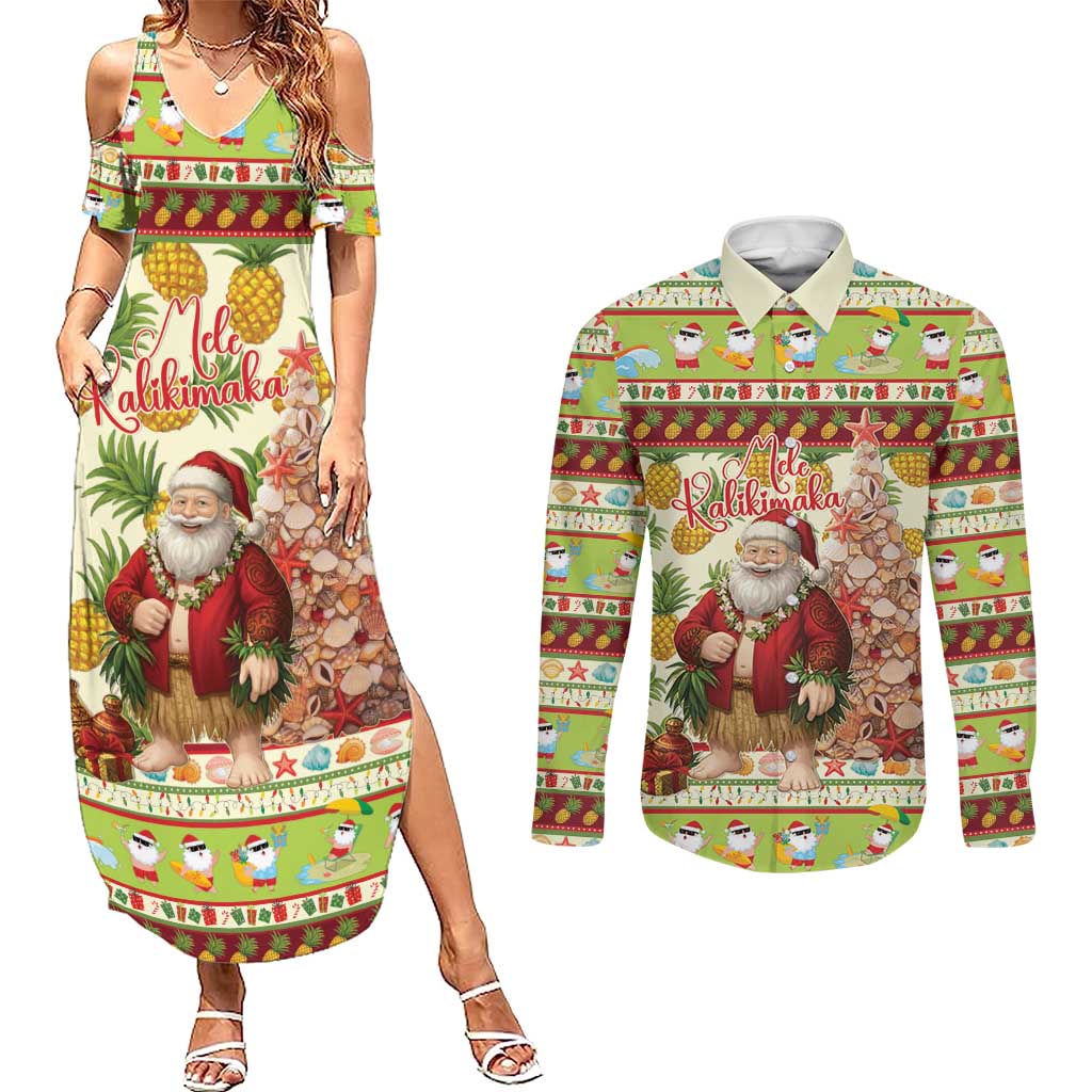 Hawaiian Santa Aloha Pineapple Christmas Couples Matching Summer Maxi Dress and Long Sleeve Button Shirt Mele Kalikimaka LT15 Cream - Polynesian Pride