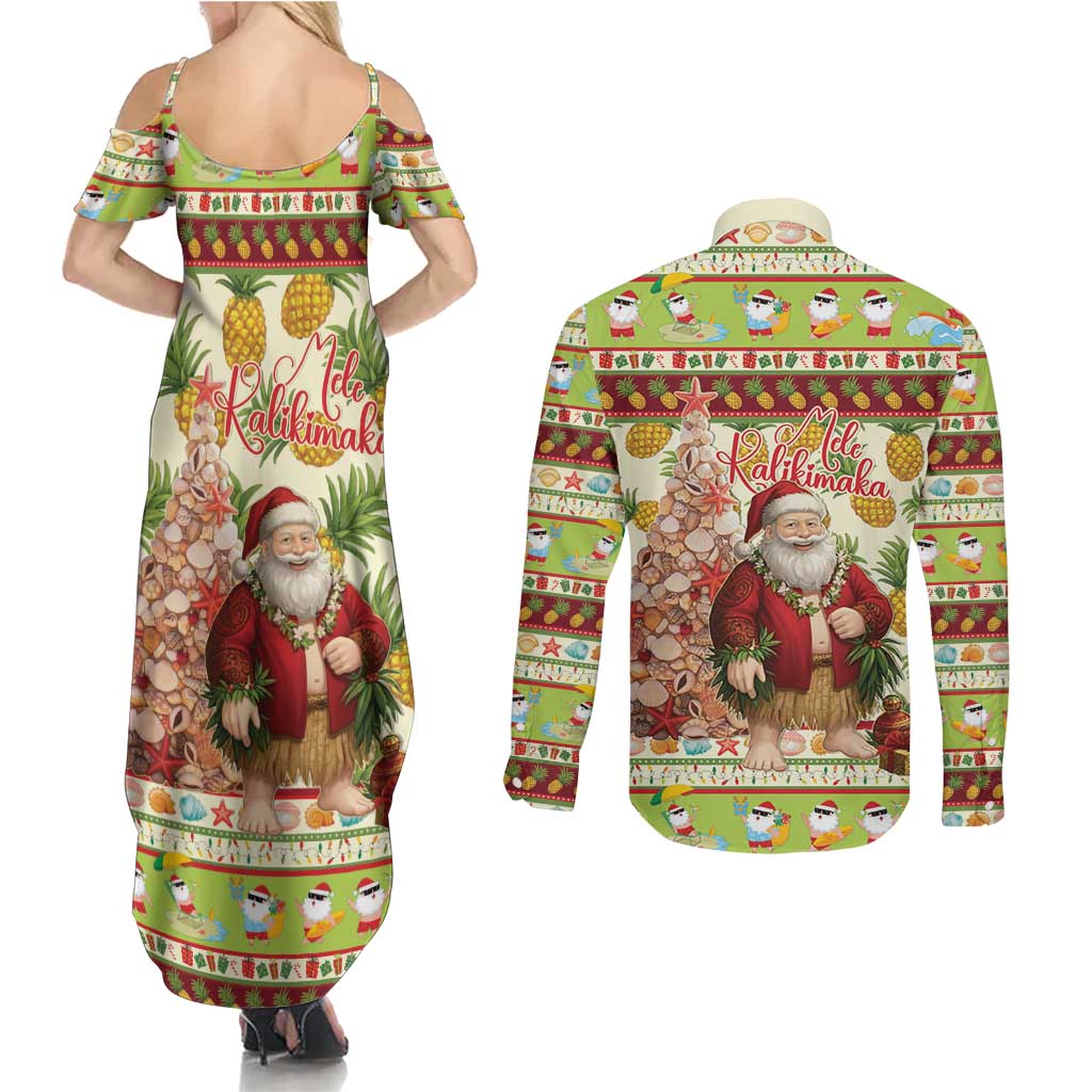 Hawaiian Santa Aloha Pineapple Christmas Couples Matching Summer Maxi Dress and Long Sleeve Button Shirt Mele Kalikimaka LT15 - Polynesian Pride