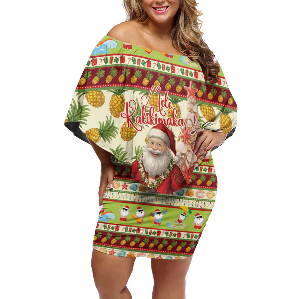 Hawaiian Santa Aloha Pineapple Christmas Family Matching Off Shoulder Short Dress and Hawaiian Shirt Mele Kalikimaka LT15 Mom's Dress Cream - Polynesian Pride
