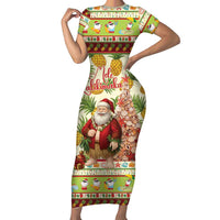 Hawaiian Santa Aloha Pineapple Christmas Family Matching Short Sleeve Bodycon Dress and Hawaiian Shirt Mele Kalikimaka LT15 Mom's Dress Cream - Polynesian Pride