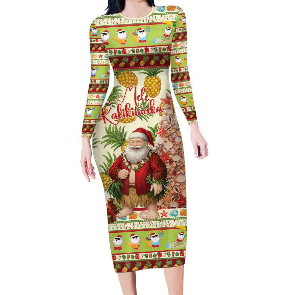 Hawaiian Santa Aloha Pineapple Christmas Long Sleeve Bodycon Dress Mele Kalikimaka LT15 Long Dress Cream - Polynesian Pride