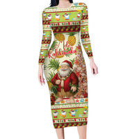 Hawaiian Santa Aloha Pineapple Christmas Long Sleeve Bodycon Dress Mele Kalikimaka LT15 Long Dress Cream - Polynesian Pride