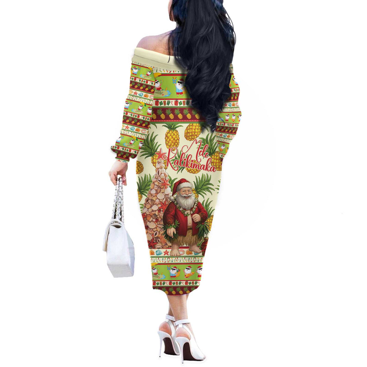 Hawaiian Santa Aloha Pineapple Christmas Off The Shoulder Long Sleeve Dress Mele Kalikimaka LT15 - Polynesian Pride