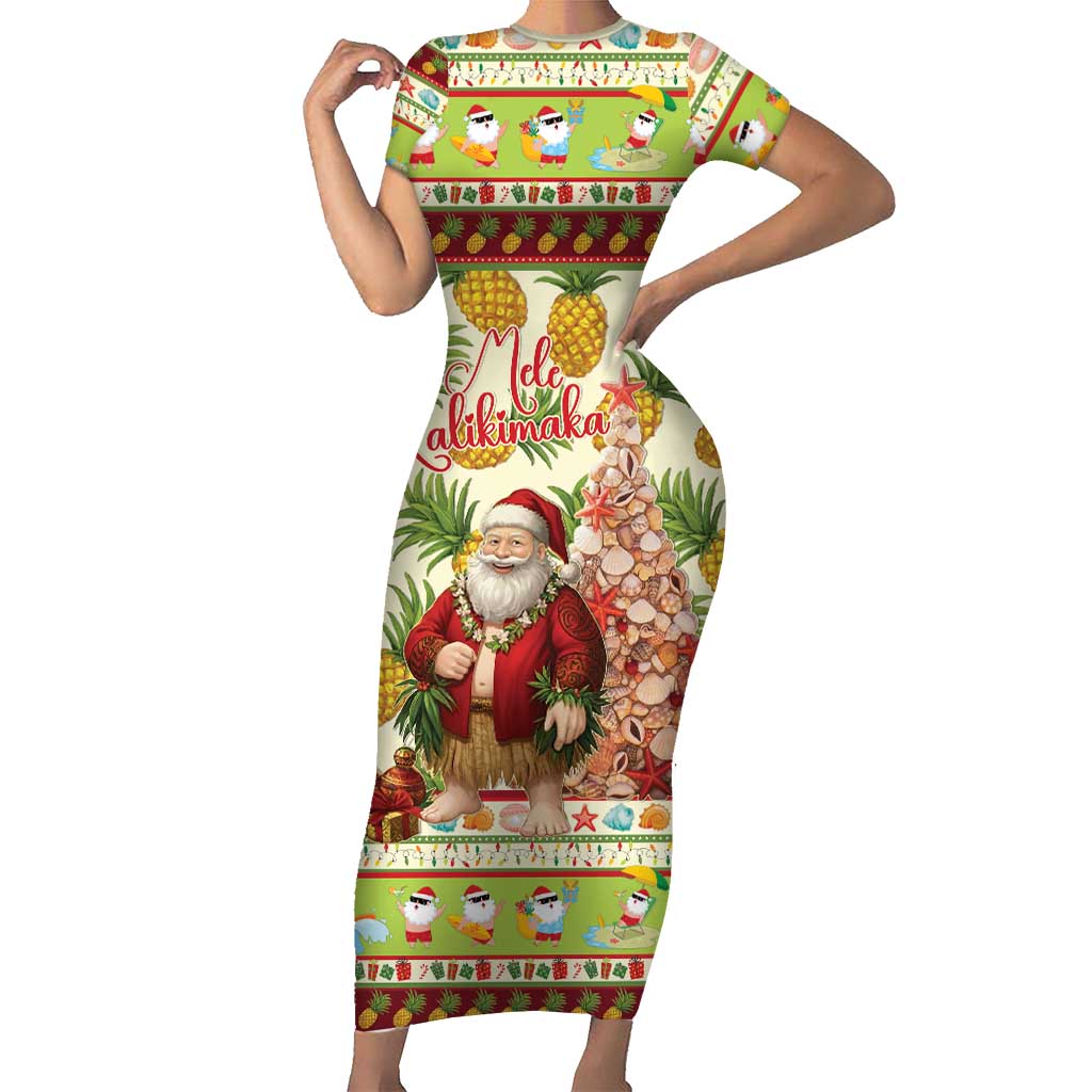 Hawaiian Santa Aloha Pineapple Christmas Short Sleeve Bodycon Dress Mele Kalikimaka LT15 Long Dress Cream - Polynesian Pride