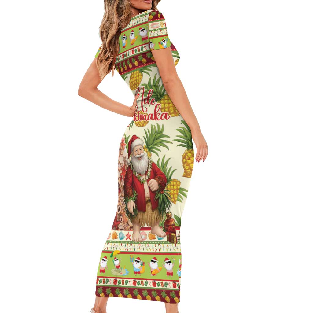 Hawaiian Santa Aloha Pineapple Christmas Short Sleeve Bodycon Dress Mele Kalikimaka LT15 - Polynesian Pride