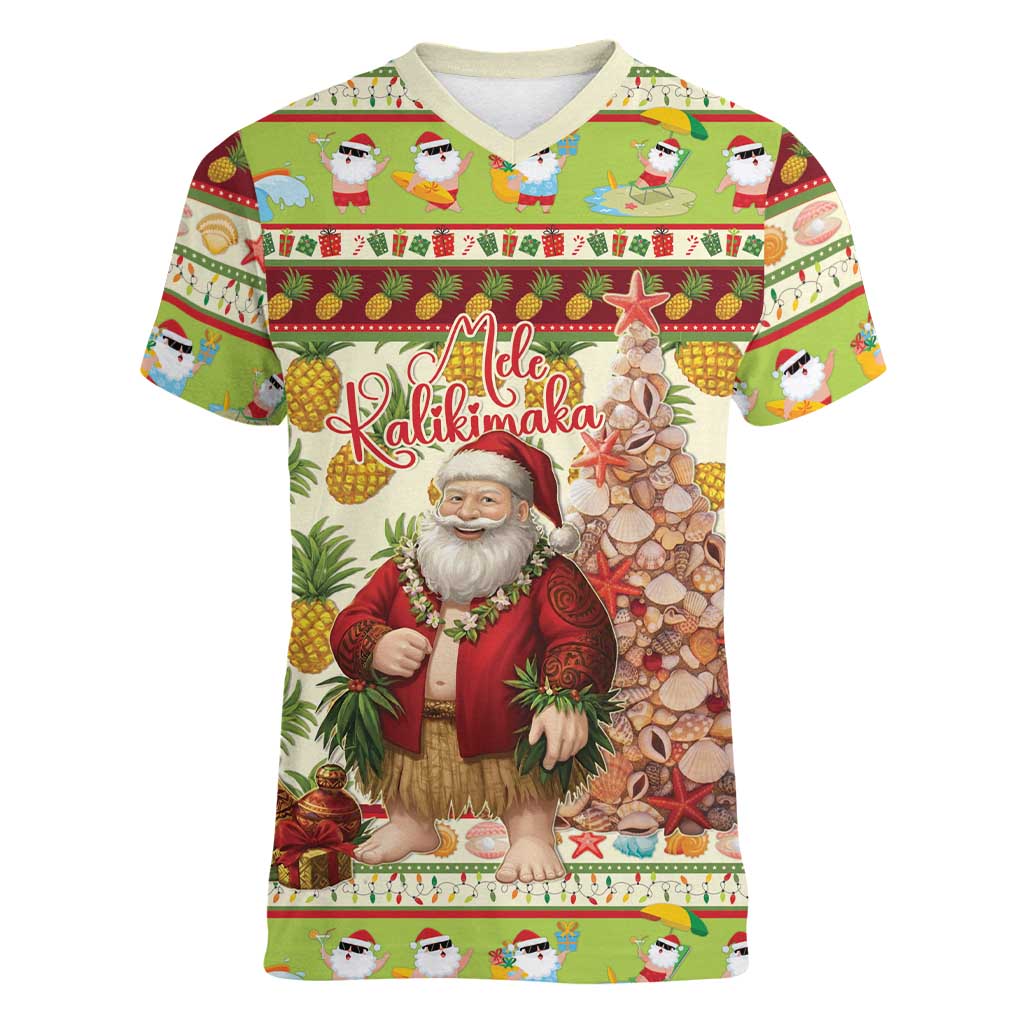 Hawaiian Santa Aloha Pineapple Christmas Women V-Neck T-Shirt Mele Kalikimaka LT15 Female Cream - Polynesian Pride