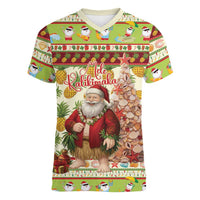 Hawaiian Santa Aloha Pineapple Christmas Women V-Neck T-Shirt Mele Kalikimaka LT15 Female Cream - Polynesian Pride