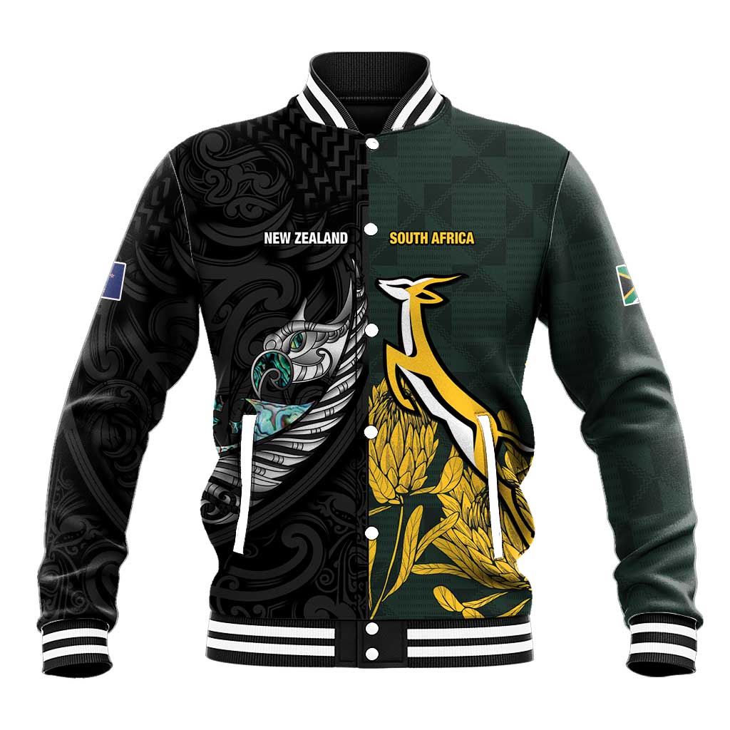 New Zealand and South Africa Rugby Custom Baseball Jacket Silver Fern With Springboks
